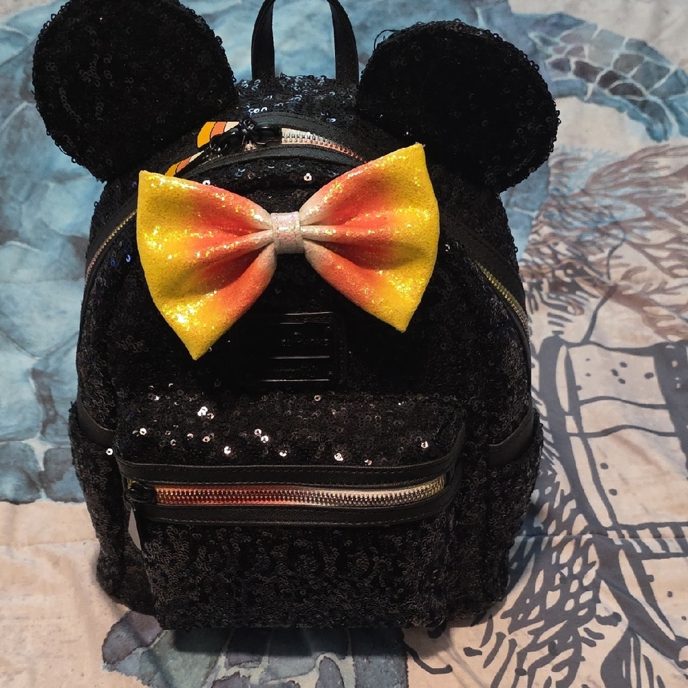 Loungefly Black Sequin Backpack with Yellow and Orange Bow